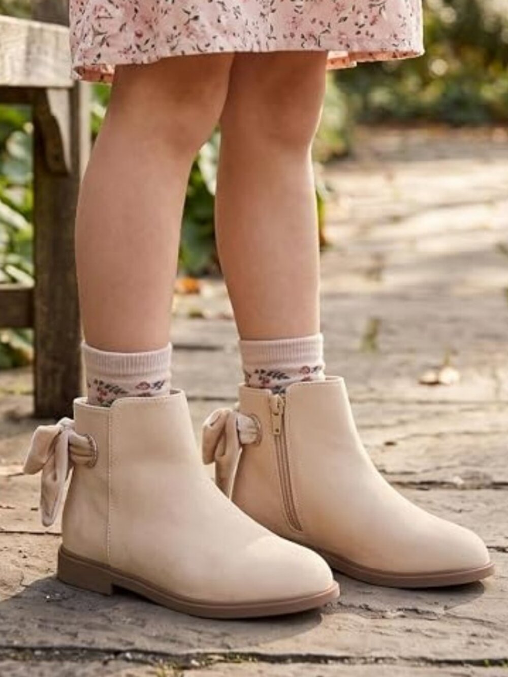 Coutgo Girls Ankle Boots W/ Bow - Color: Beige - Size: Child 11